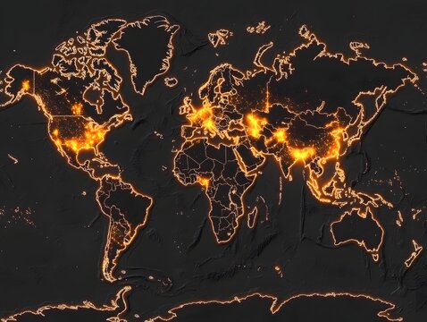 Global Population Density Map with Glowing Orange City Lights on Dark Terrain