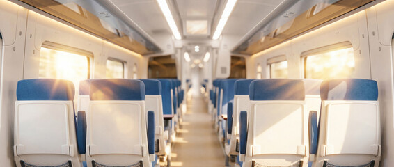 Obraz premium Interior of a modern high-speed train or commuter rail car. Empty blue and beige seats, bright windows with warm sunlight, and a clean aisle. Comfortable public transportation travel background. 