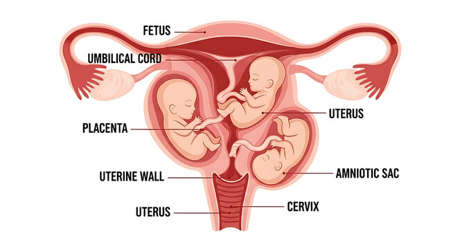 Anatomical illustration of a human uterus with fetuses and labeled parts