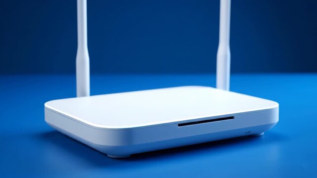 A white wireless router with two antennas sits on a reflective blue surface against a solid dark blue background. Studio lighting.