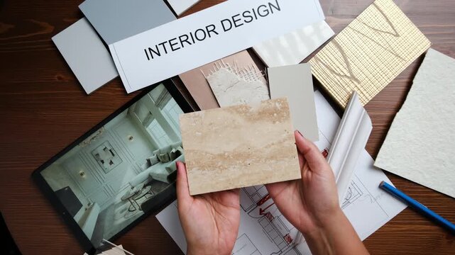 Interior designer and client choosing finishes for modern home makeover project, top view 4k stock video
