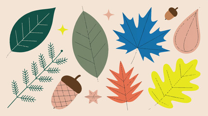 Obraz premium Autumn's Gentle Whispers: A collection of stylized leaf and acorn illustrations showcase the colors and shapes of autumn, creating a visually appealing design.