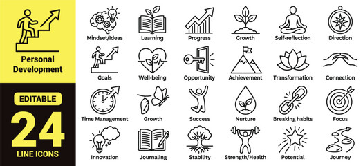 Fototapeta premium Personal development and self‑improvement icon set featuring growth, achievement, wellness, mindfulness, focus, innovation, journaling, and transformation in modern line‑art vector motivational design