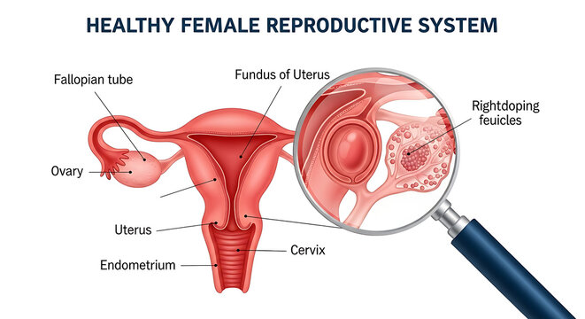 Anatomical illustration of a healthy female reproductive system with labeled parts