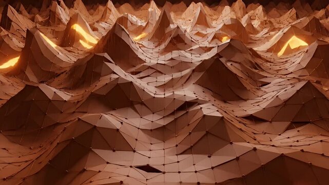 Low-poly terrain of brown and tan geometric shapes with bright, warm, glowing interiors