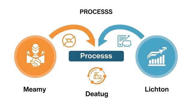 Clean flat infographic of generic business process showing pipeline from Meamy input to Lichton output via central Processs stage with icons for collaboration, filtering and analytics, ideal for prese