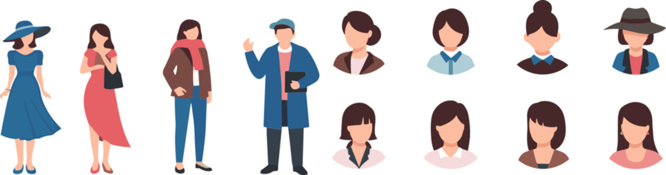 Women fashion avatars set with female characters portraits and full body outfits modern flat vector illustration collection
