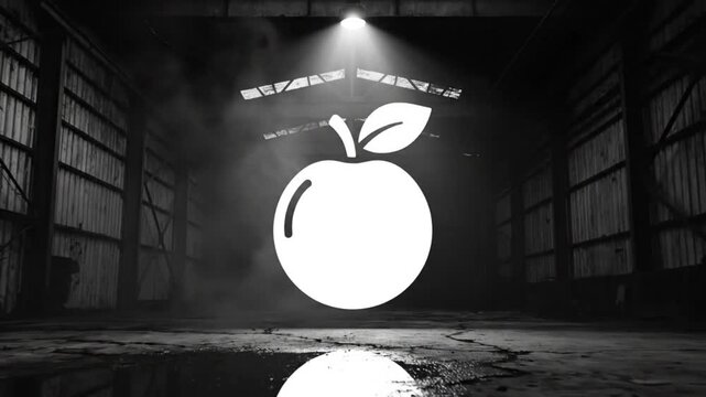 Mysterious cinematic white apple logo revealing in a dark, atmospheric abandoned warehouse with moody lighting