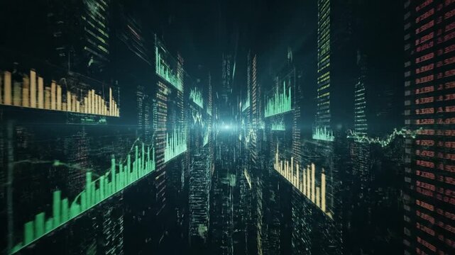 A futuristic cityscape at night displays vibrant green and yellow graphs and charts rising like skyscrapers with digital screens.