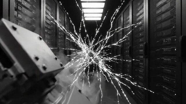 Black and white data center explosion with bright white energy and sparks spreading outwards