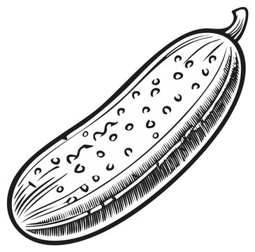 Single cucumber black and white line art illustration, hand drawn fresh vegetable outline for healthy lifestyle, garden produce