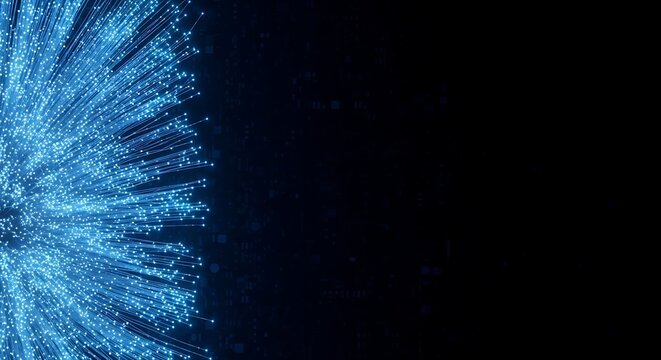Abstract glowing blue particles exploding outwards from a central point on a dark background representing data flow and digital connections
