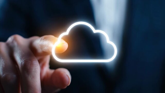 A finger reaches out to touch a glowing white cloud icon, representing cloud technology and digital services, against a dark blue, blurred background.