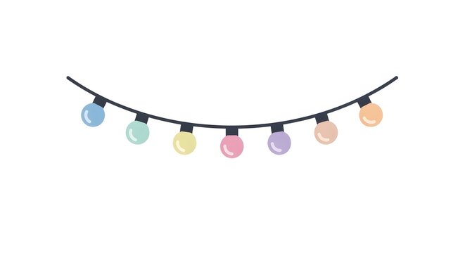 A string of colorful rounded lights hanging against a white background