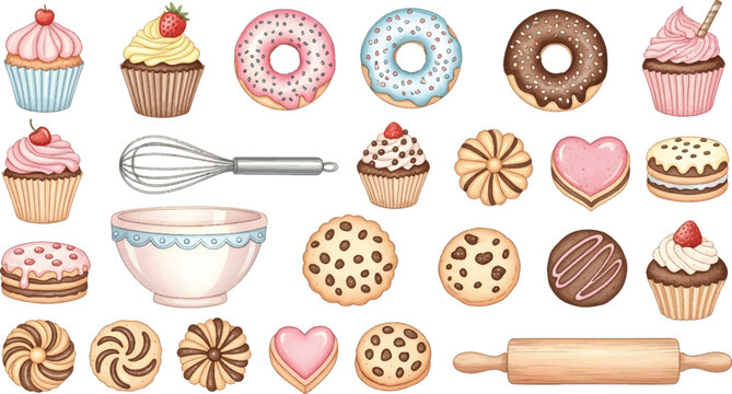 Vector Illustrated Bakery Sweets and Baking Tools Collection