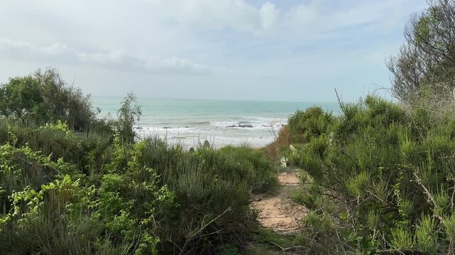 Narrow path through coastal vegetation opening toward the sea in Agrigento, Sicily, under soft daylight.