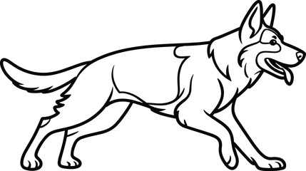 Fototapeta premium German Shepherd dog line art illustration, detailed canine outline drawing showing walking guard dog, simple black vector animal design isolated on white background