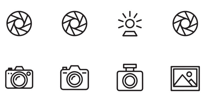 Photography Icon Set Featuring Aperture, Flash, Camera, and Gallery Line Art