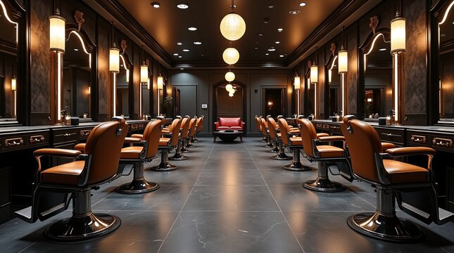 A sleek, modern luxury barbershop features symmetrical rows of rich brown leather barber chairs, paired with dark wood stations and marble flooring.