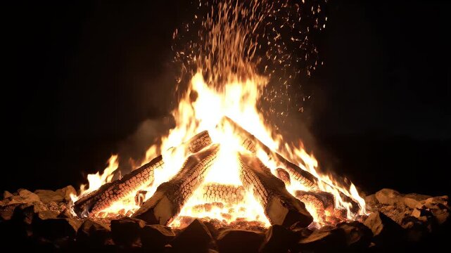 A blazing campfire at night, logs alight with flames and sparks, set on rocky ground