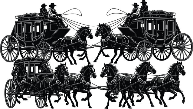 Vintage wild west stagecoach vector silhouettes set featuring horse drawn carriages with drivers and galloping horses for western themed graphic design projects