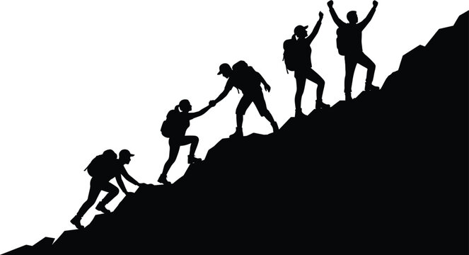Silhouette of hikers climbing mountain together, teamwork and support concept, adventure travel journey, group trekking uphill, outdoor activity illustration isolated on background