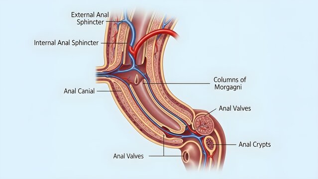High detailed anatomical sagittal illustration of anal canal showing internal and external anal sphincters, columns of Morgagni, anal valves and anal crypts, clarifying anorectal structure for colorec