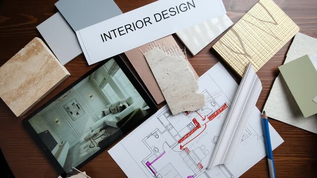 design studio workspace with color palette, textures and interior layout planning