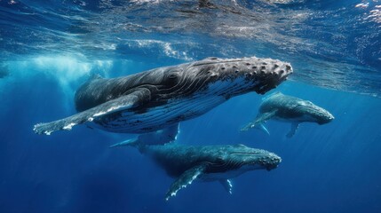 Naklejka premium Humpback whales swimming together beneath ocean surface
