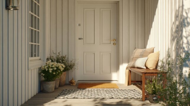 Front door with bench and potted flowers on porch