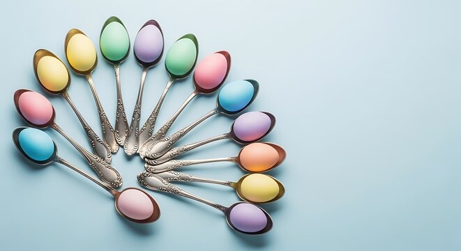 A collection of colorful spoons arranged in a circular pattern on a light blue background with silver handles