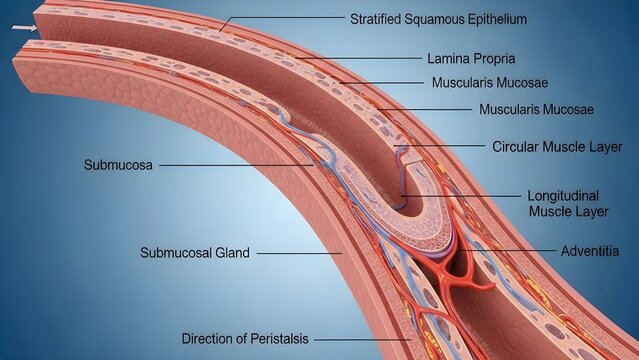 High detailed cross‑sectional anatomical illustration of esophagus showing stratified squamous epithelium, lamina propria, muscularis mucosae, submucosal glands, circular and longitudinal muscle layer