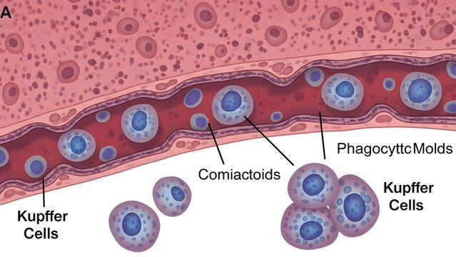 High detailed microscopic style illustration of liver sinusoid showing Kupffer cells, phagocytic cells and circulating particles within sinusoidal lumen, demonstrating hepatic immune surveillance and 