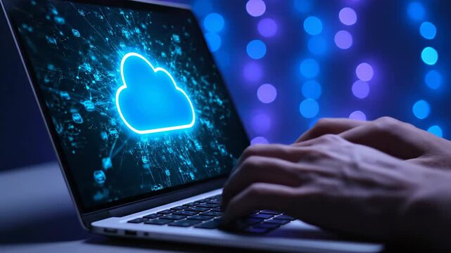 Hands typing on a laptop with a vibrant blue cloud icon on screen. Out of focus blue and purple bokeh lights in the background.