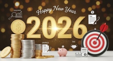 Fototapeta premium A celebratory image for the New Year 2026 features stacks of gold coins, a piggy bank, a target with a dart, and a tax form.