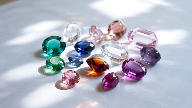 Colorful faceted gemstones on white background with soft natural light