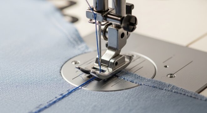 A sewing machine is stitching a light blue fabric. The machine's presser foot is positioned on the fabric, creating a seam.