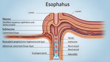 High detailed cross‑sectional anatomical illustration of esophagus wall showing mucosa, submucosa, muscularis propria, adventitia, blood vessels, nerves and glands on both sides of lumen, ideal for ex