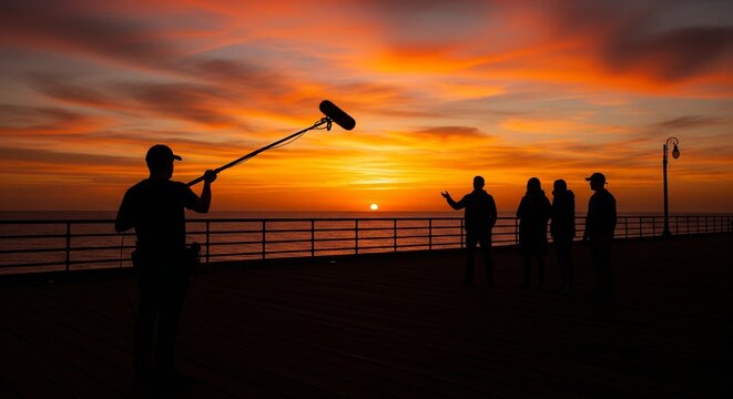 People filming sunset on a bridge with a boom microphone