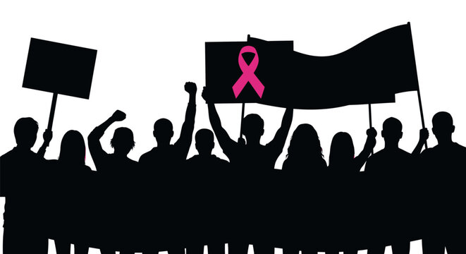 Protesters holding signs and breast cancer ribbon flag.