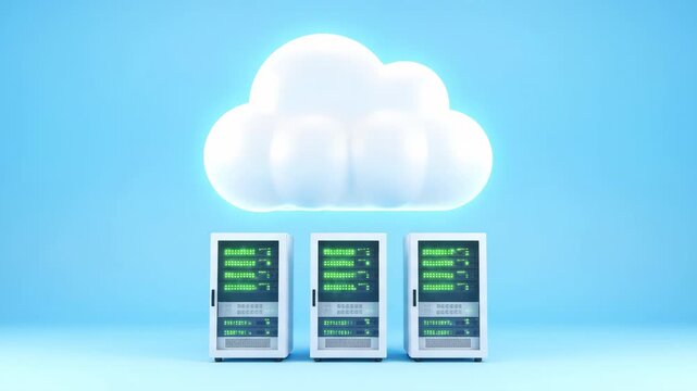 Three server racks with green glowing lights are placed below a large, luminous white cloud on a clear blue background, symbolizing cloud computing and data transfer.