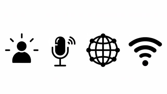 Communication Technology Icons Including Person Microphone Globe And Wifi Signal On White Background