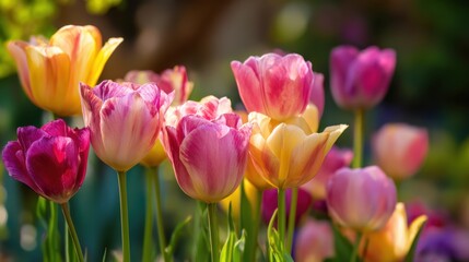 Obraz premium Pink and yellow tulips clustered in sunlit garden