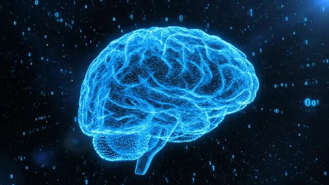 Abstract digital representation of a blue brain composed of glowing particles and lines, surrounded by animated binary code against a dark background. Technology and AI concept.