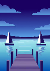 Fototapeta premium Serene Lake Scene Vector Illustration Two Sailboats Docked at a Pier Under a Twilight Sky