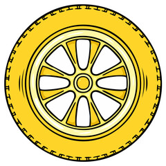 Fototapeta premium Vibrant yellow car wheel with intricate spokes and detailed tire tread illustration