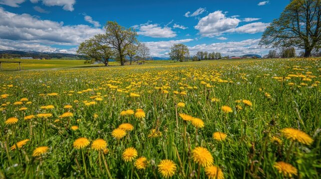 Low angle dandelion field under scattered clouds and oaks
