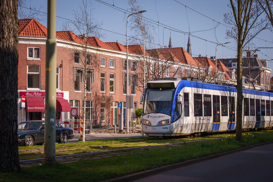 Blue and White RandstadRail Tram Passing Dutch Red Brick Houses