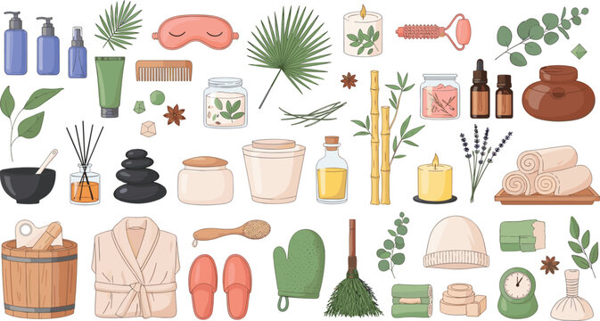 Spa Wellness Accessories Icon Set with Skincare Bottles Towels Candles Bamboo Stones Essential Oils Bathrobe Slippers and Herbal Relaxation Elements Vector Illustration