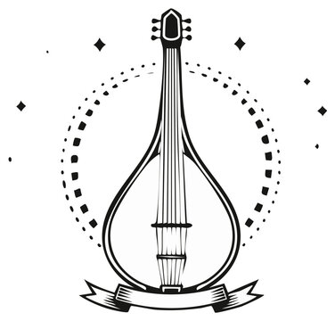 Traditional Stringed Musical Instrument Silhouette with Decorative Circle and Ribbon Emblem